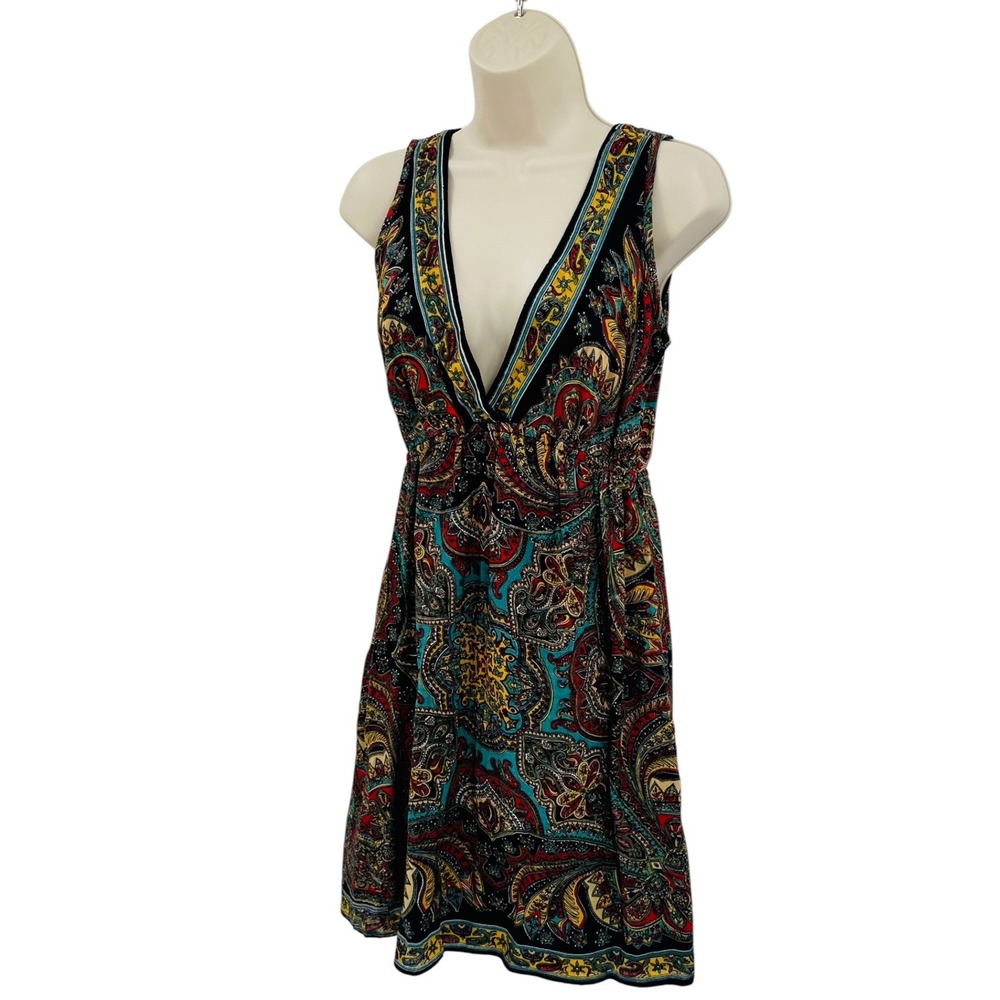 Vintage Angie Sundress Womens Medium Black Paisley Boho V-Neck Y2K 100% Cotton - Picture 4 of 9